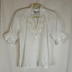 Tommy Bahama White Linen Coastalina Shell Embellished Ruffle Sleeve Blouse‎ XS